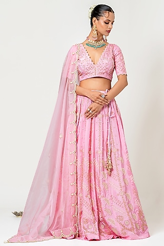 Baby Pink Silk Hand Embroidered Lehenga Set by Yuvrani Jaipur