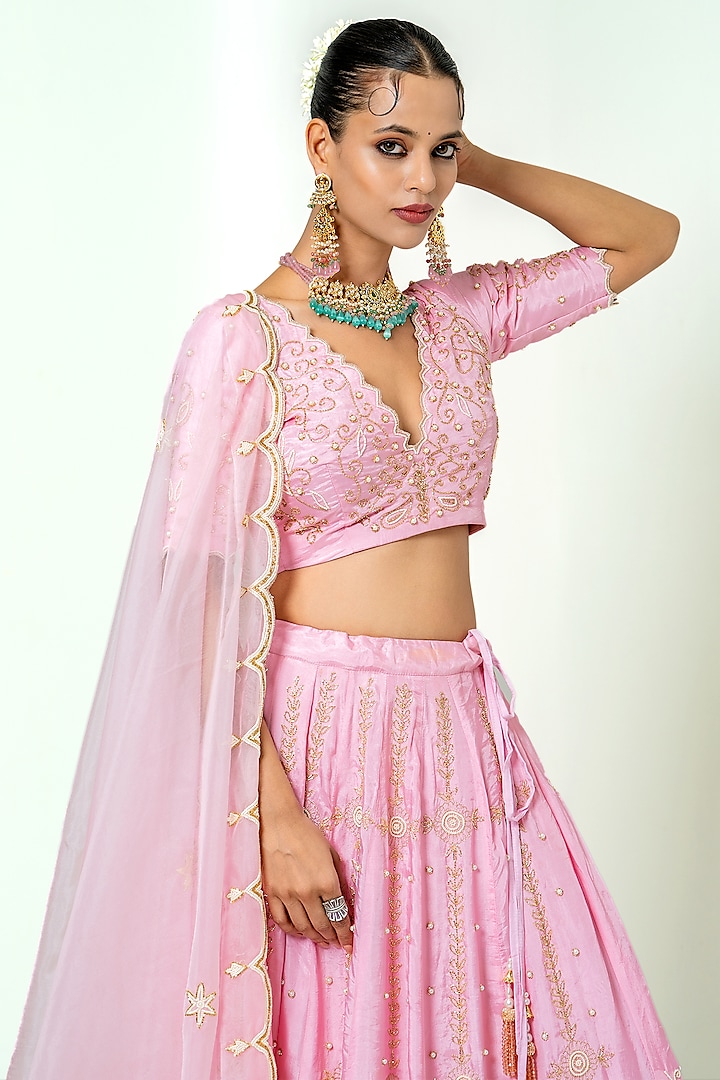 Baby Pink Silk Hand Embroidered Wedding Lehenga Set by Yuvrani Jaipur at Pernia's Pop Up Shop