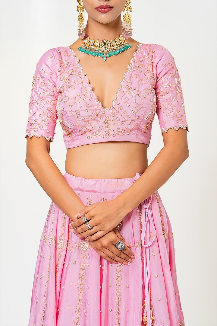 Baby Pink Silk Hand Embroidered Wedding Lehenga Set by Yuvrani Jaipur at Pernia's Pop Up Shop