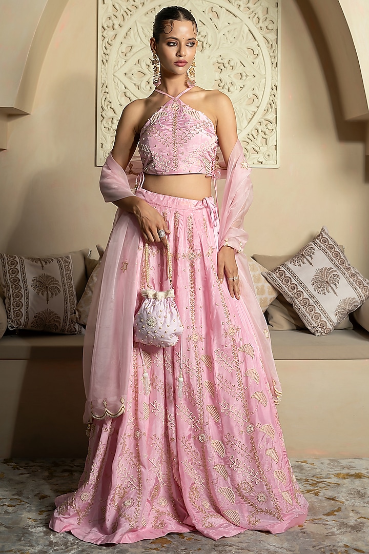 Baby Pink Silk Hand Embroidered Wedding Lehenga Set by Yuvrani Jaipur at Pernia's Pop Up Shop