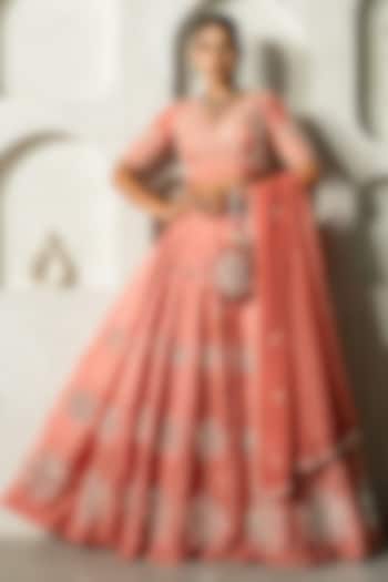 Peach Silk Mirror Work Wedding Lehenga Set by Yuvrani Jaipur at Pernia's Pop Up Shop