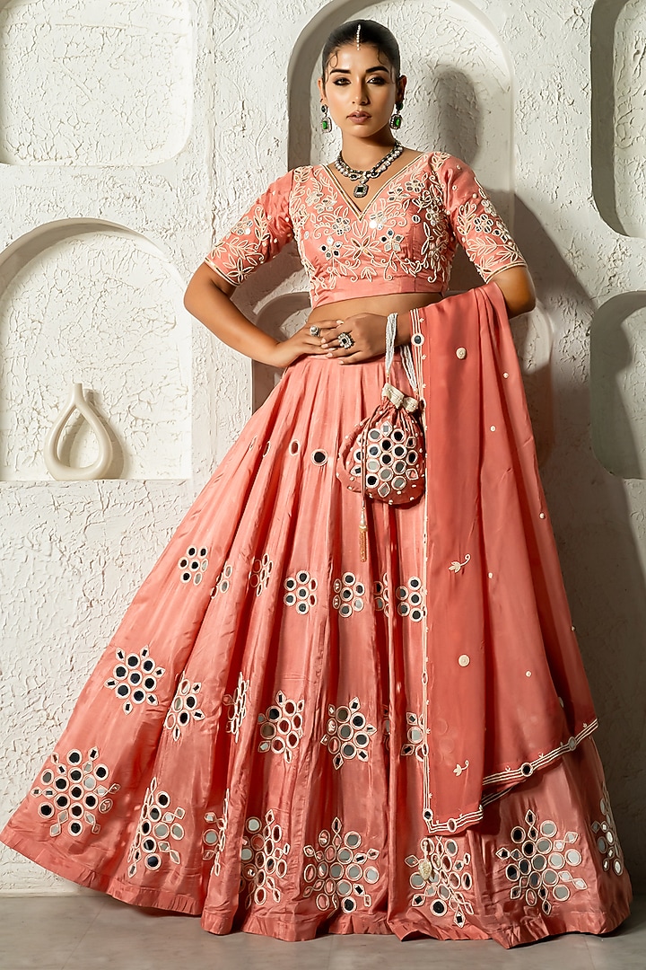 Peach Silk Mirror Work Wedding Lehenga Set by Yuvrani Jaipur at Pernia's Pop Up Shop