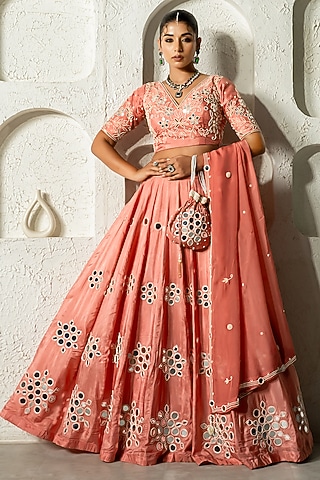 Peach Silk Mirror Work Lehenga Set by Yuvrani Jaipur