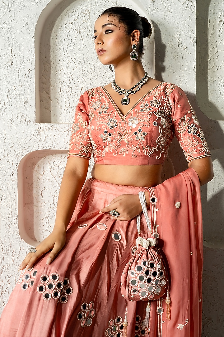 Peach Silk Mirror Work Wedding Lehenga Set by Yuvrani Jaipur at Pernia's Pop Up Shop