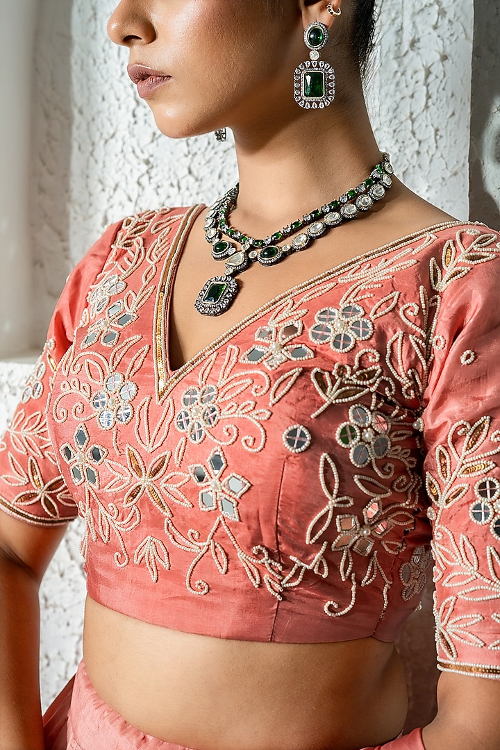 Peach Silk Mirror Work Wedding Lehenga Set by Yuvrani Jaipur at Pernia's Pop Up Shop