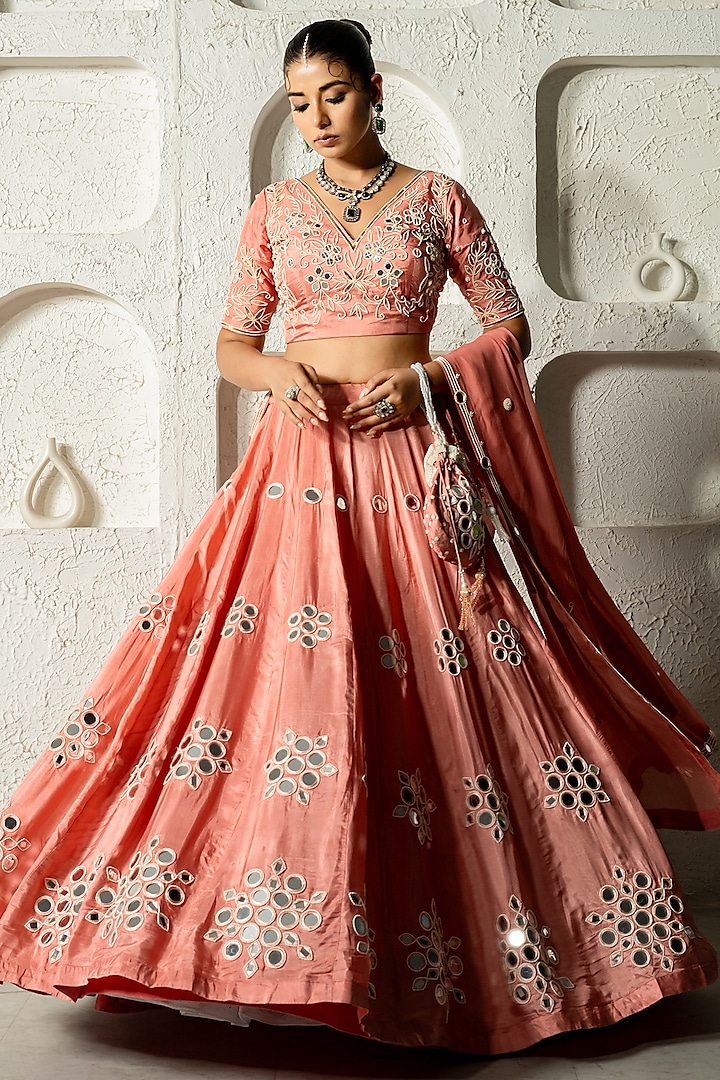 Peach Silk Mirror Work Wedding Lehenga Set by Yuvrani Jaipur at Pernia's Pop Up Shop