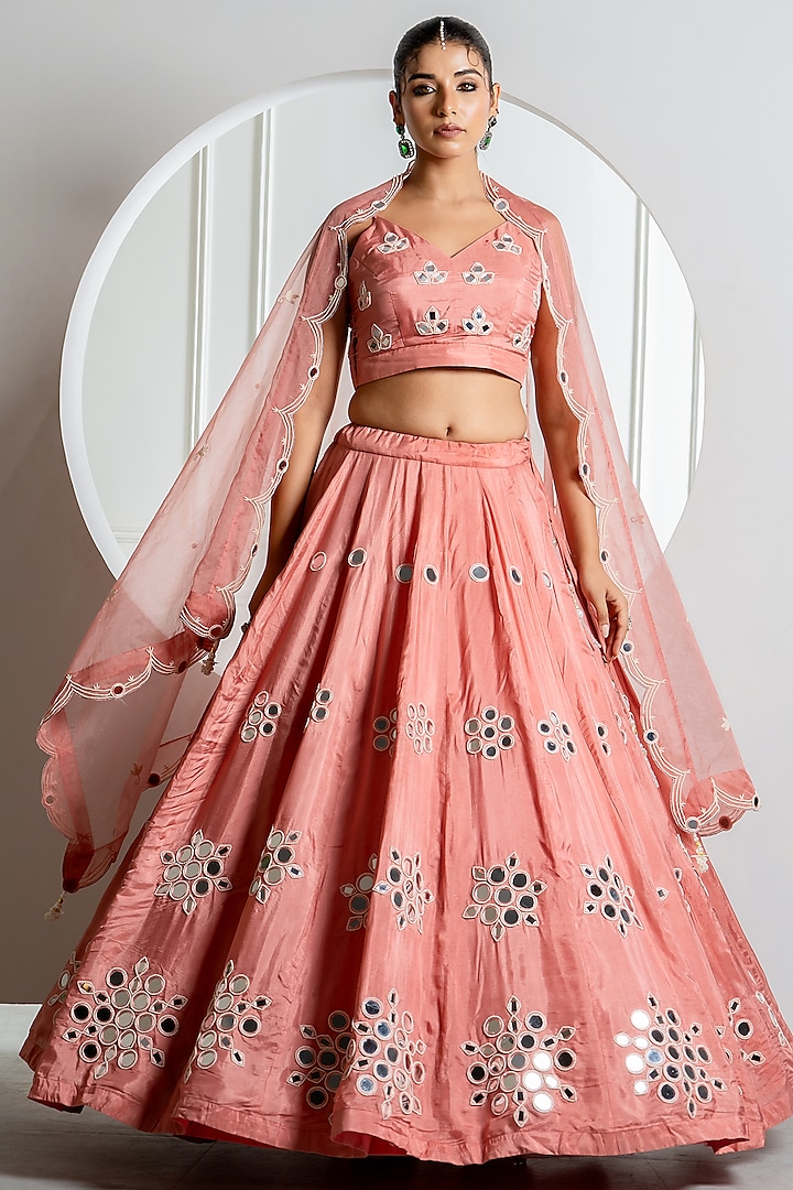 Onion Color Silk Mirror Work Wedding Lehenga Set by Yuvrani Jaipur at Pernia's Pop Up Shop