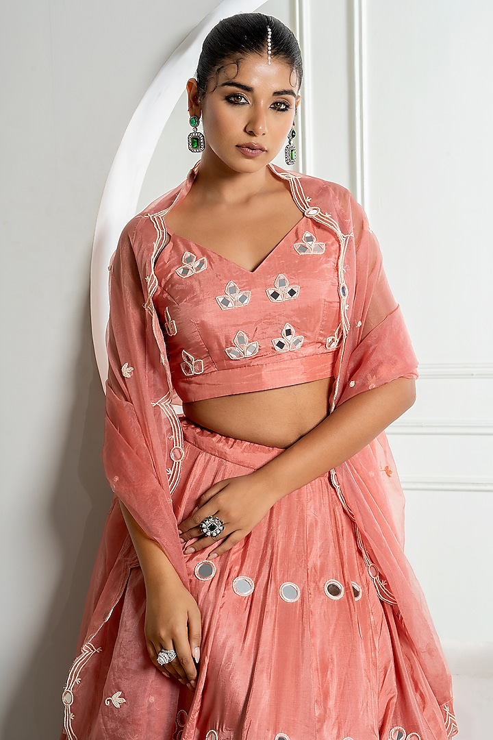 Onion Color Silk Mirror Work Wedding Lehenga Set by Yuvrani Jaipur at Pernia's Pop Up Shop