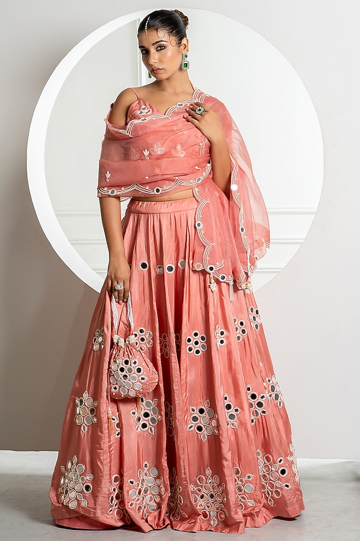 Onion Color Silk Mirror Work Wedding Lehenga Set by Yuvrani Jaipur at Pernia's Pop Up Shop