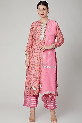 Pink Hand Block Printed Kurta Set by Yuvrani Jaipur