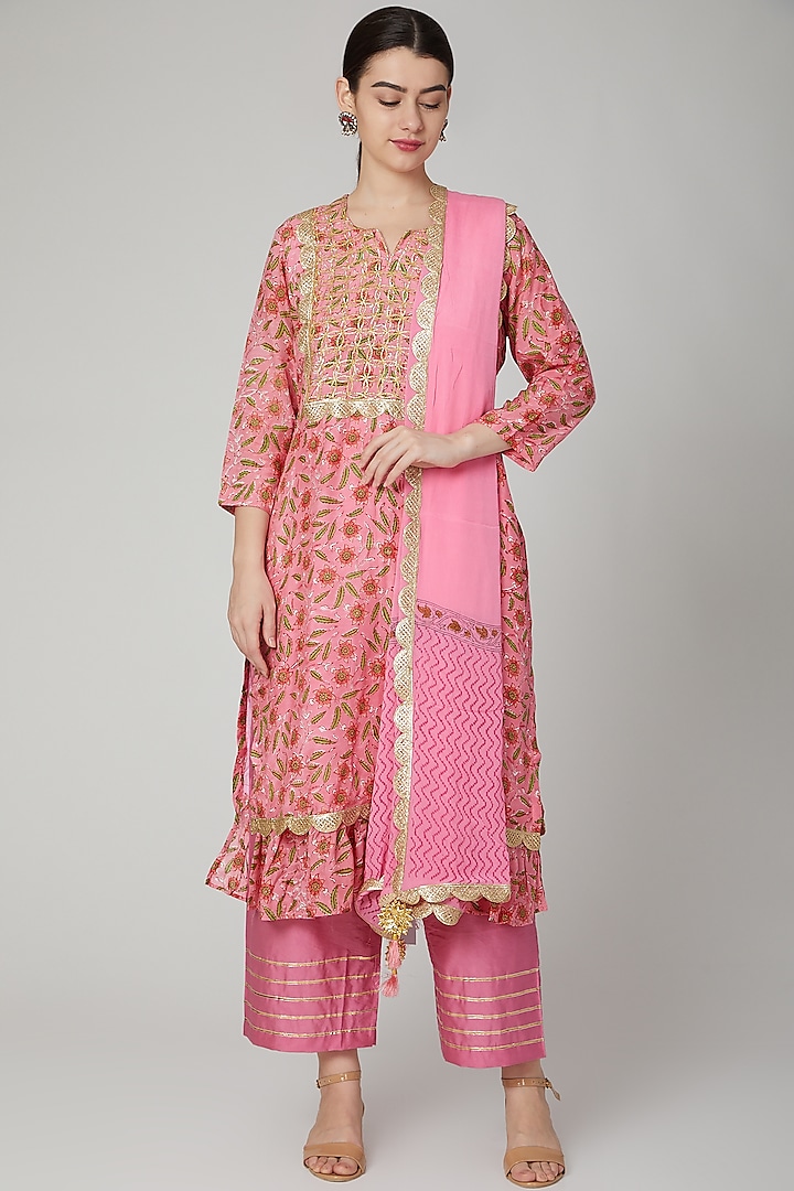 Pink Block Printed Kurta Set by Yuvrani Jaipur