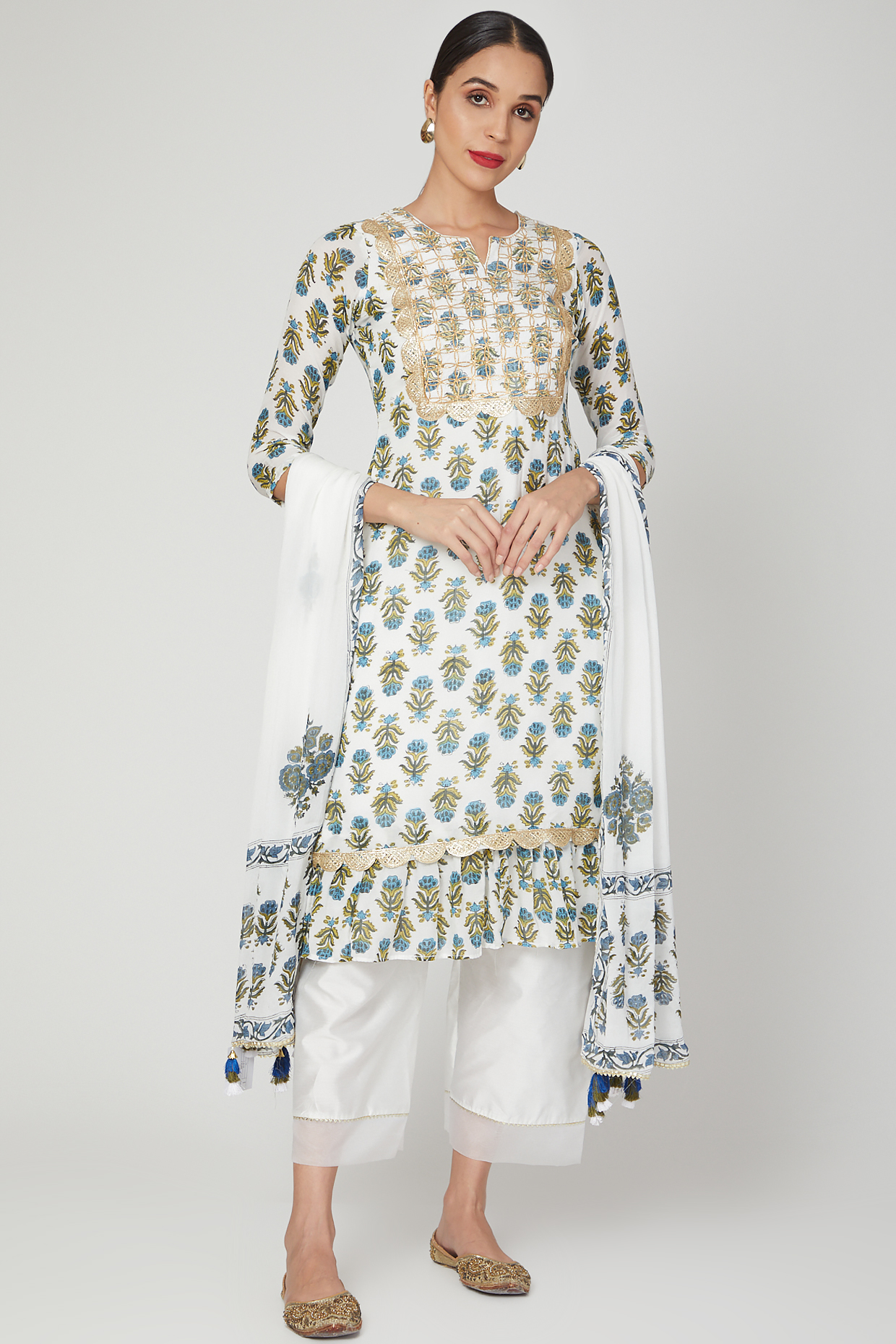 Ivory & Blue Hand Block Printed Kurta Set by Yuvrani Jaipur at Pernia's Pop Up Shop