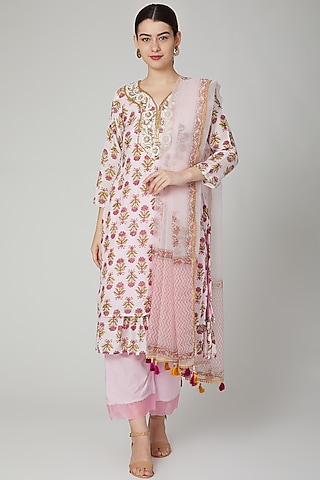 Blush Pink Dabka Embroidered Kurta Set by Yuvrani Jaipur