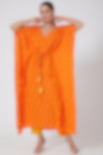 Orange Muslin Kaftan With Pants by Yuvrani Jaipur