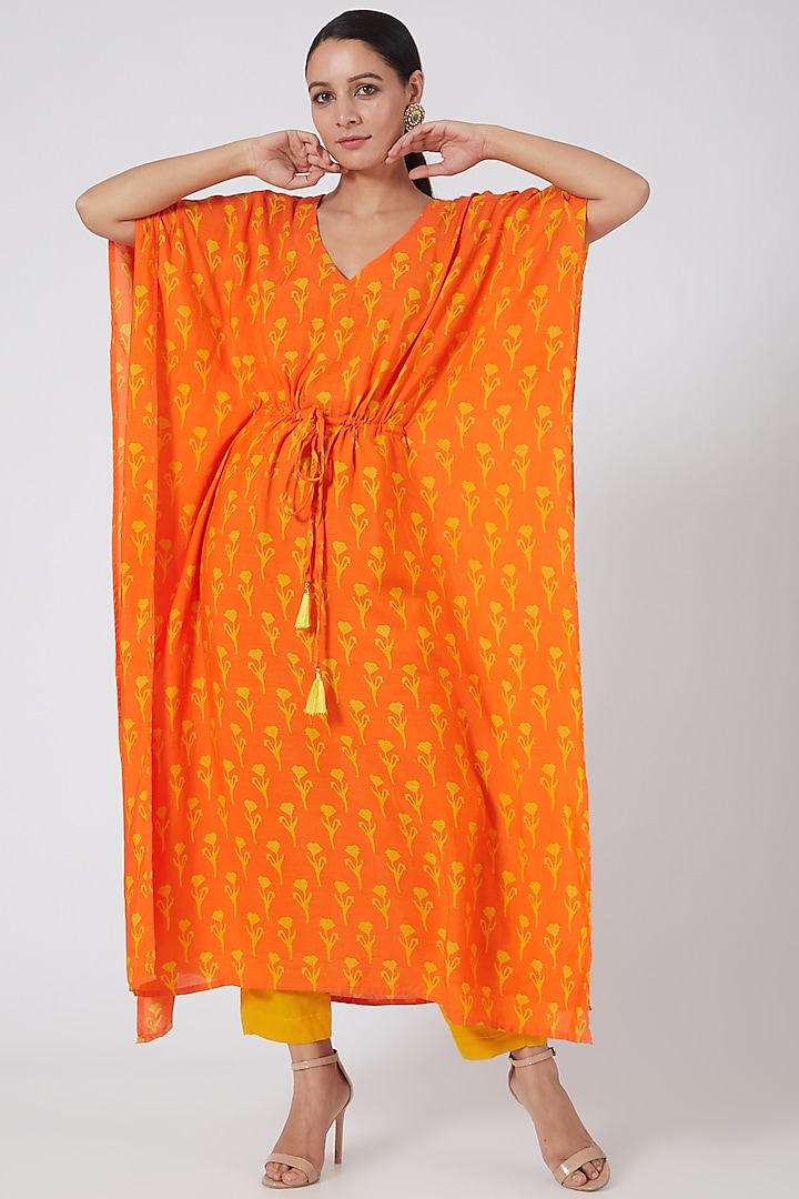 Orange Muslin Kaftan With Pants by Yuvrani Jaipur