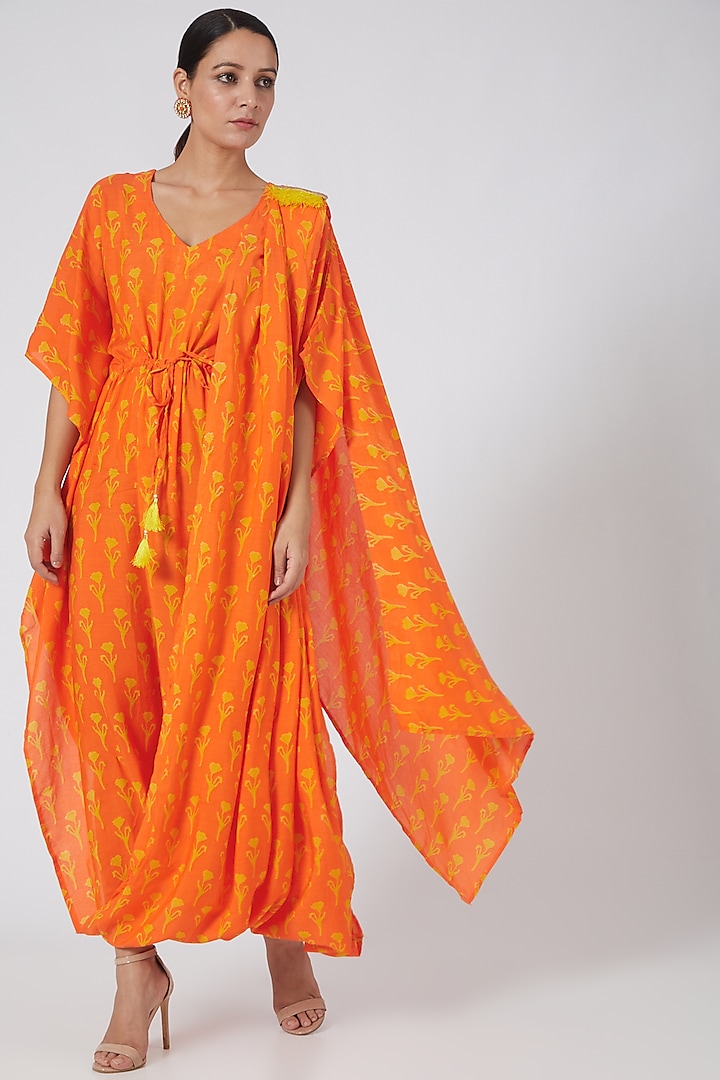 Orange Muslin Kaftan With Yellow Pants by Yuvrani Jaipur