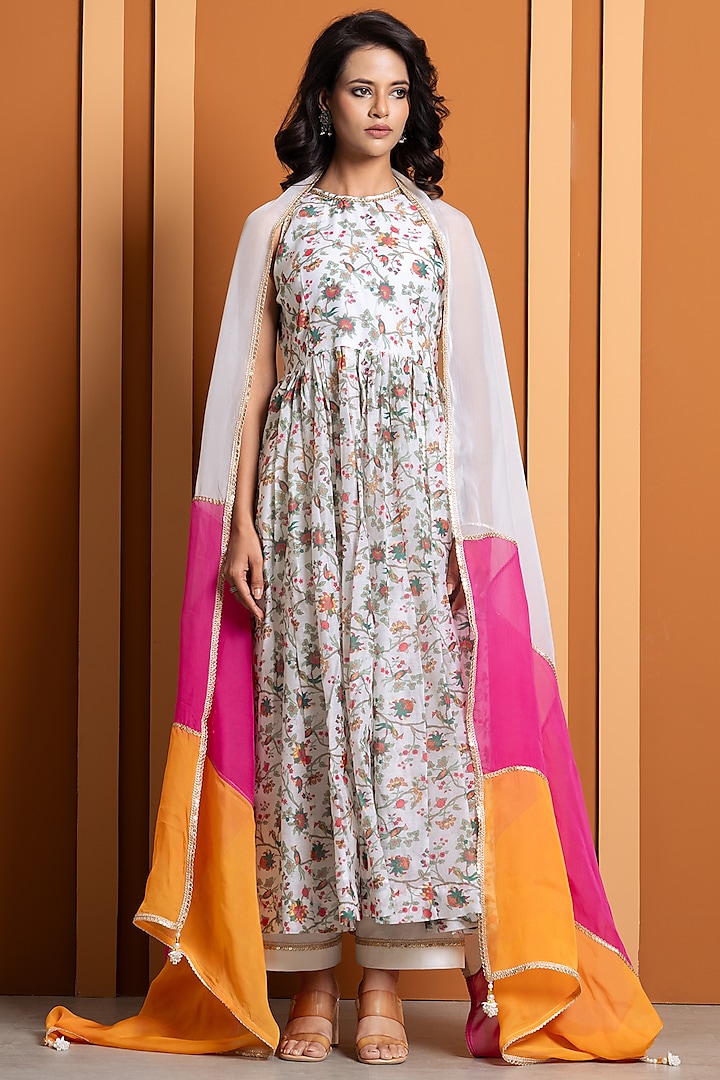 Ivory Chanderi Digital Printed Anarkali Set by Yuvrani Jaipur at Pernia's Pop Up Shop