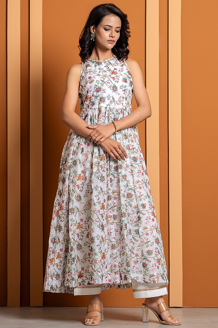 Ivory Chanderi Digital Printed Anarkali Set by Yuvrani Jaipur at Pernia's Pop Up Shop
