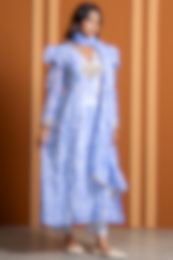 Ivory & Blue Chanderi Marble Printed Kurta Set by Yuvrani Jaipur at Pernia's Pop Up Shop
