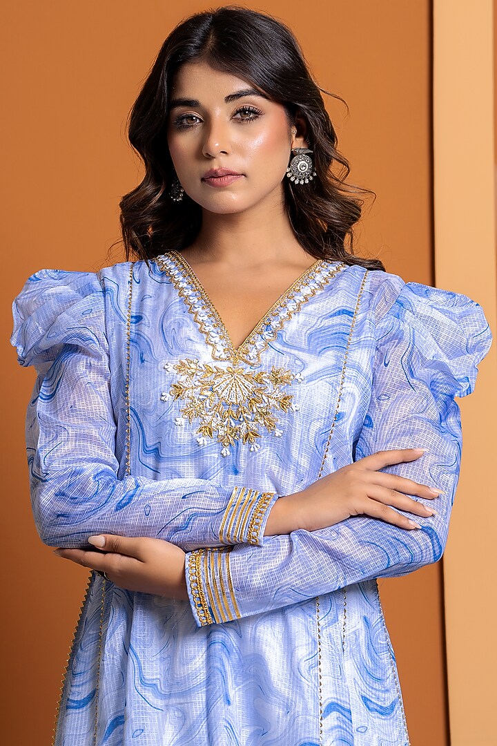Ivory & Blue Chanderi Marble Printed Kurta Set by Yuvrani Jaipur at Pernia's Pop Up Shop