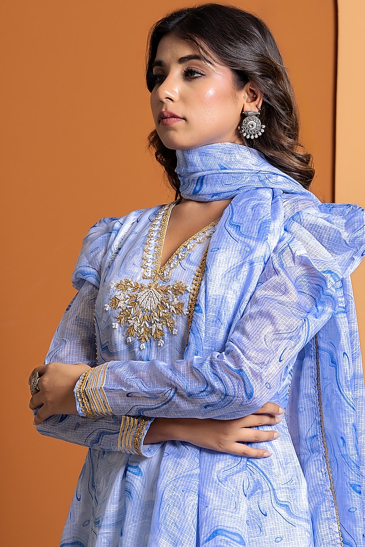 Ivory & Blue Chanderi Marble Printed Kurta Set by Yuvrani Jaipur at Pernia's Pop Up Shop