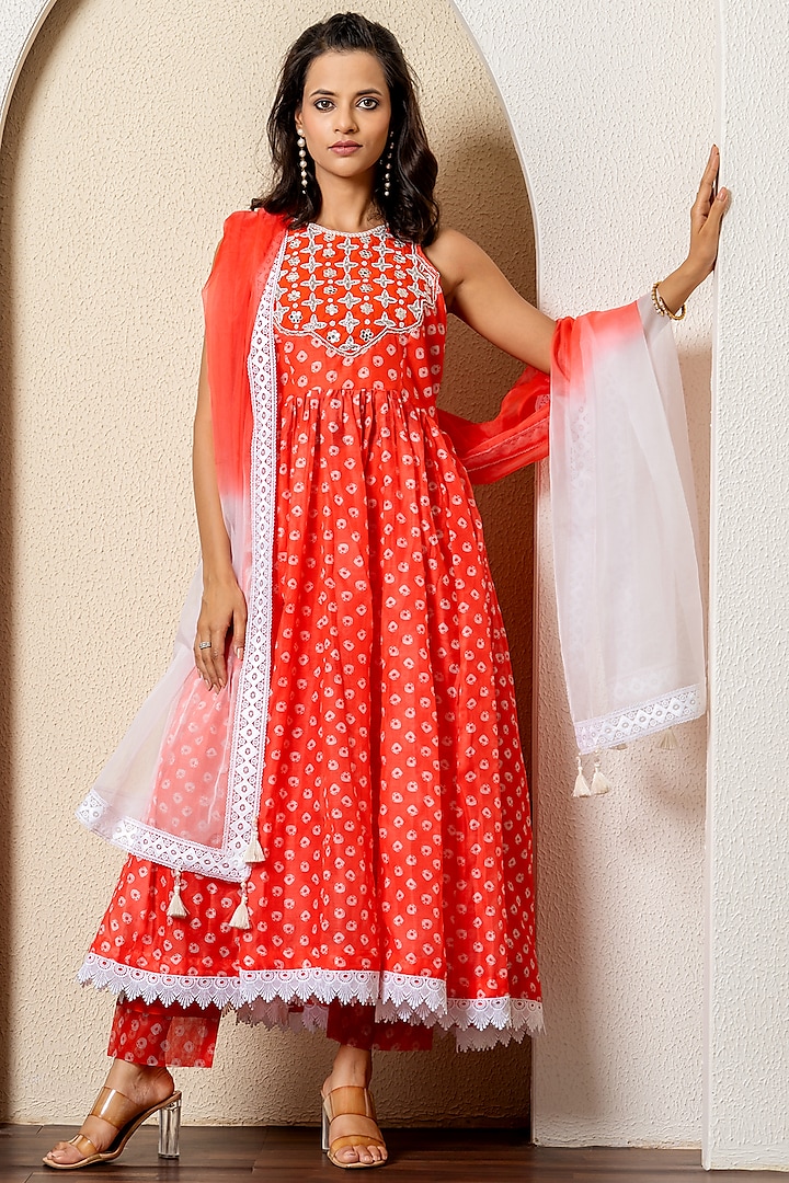 Orange Chanderi Digital Bandhej Printed Anarkali Set by Yuvrani Jaipur at Pernia's Pop Up Shop