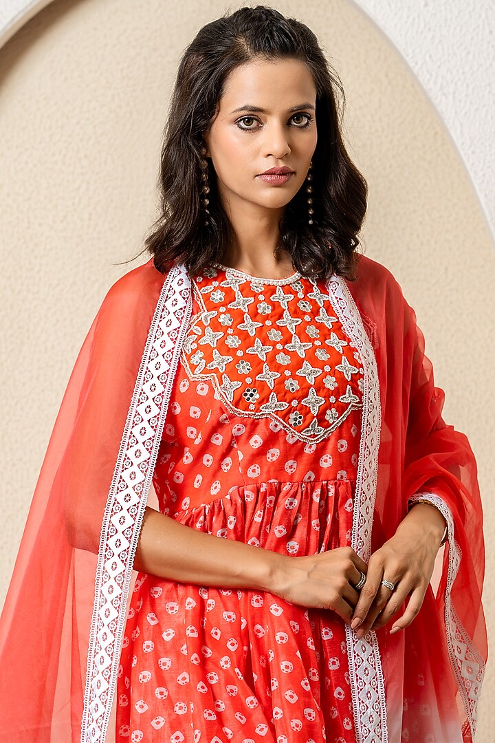 Orange Chanderi Digital Bandhej Printed Anarkali Set by Yuvrani Jaipur at Pernia's Pop Up Shop