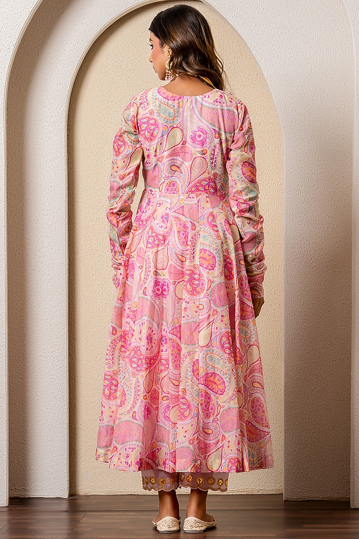 Pink Chanderi Digital Printed & Hand Embroidered Party Wear Anarkali Set by Yuvrani Jaipur at Pernia's Pop Up Shop