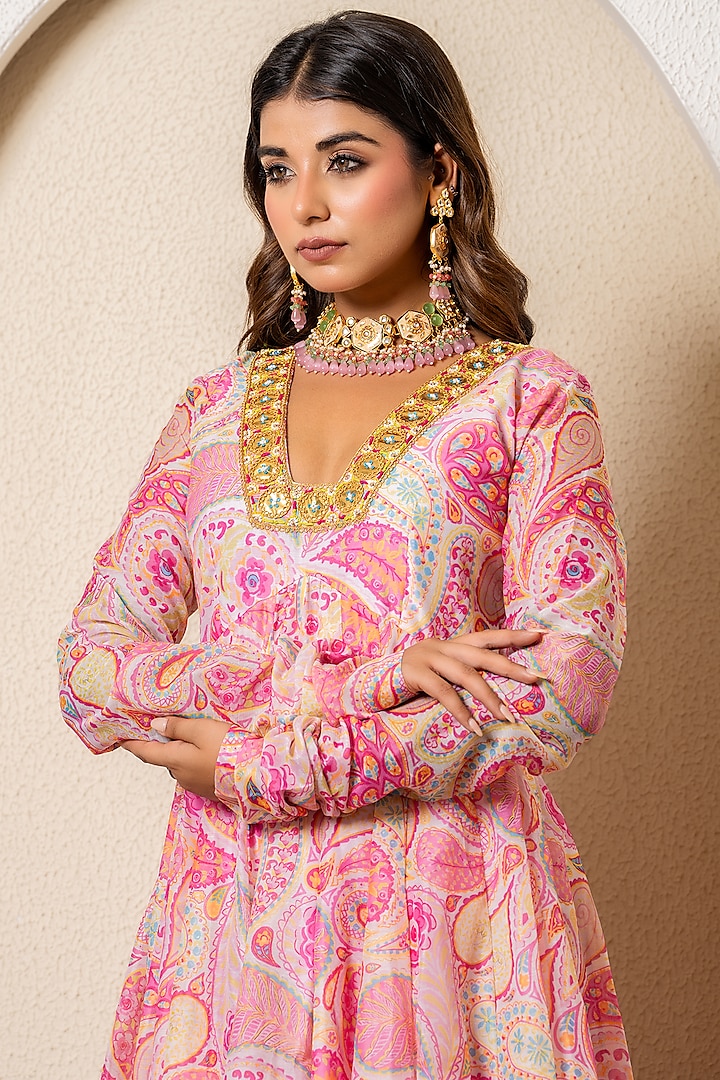 Pink Chanderi Digital Printed & Hand Embroidered Party Wear Anarkali Set by Yuvrani Jaipur at Pernia's Pop Up Shop