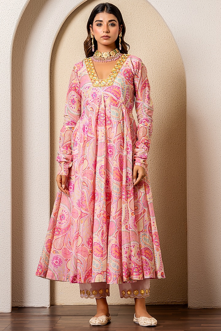 Pink Chanderi Digital Printed & Hand Embroidered Party Wear Anarkali Set by Yuvrani Jaipur at Pernia's Pop Up Shop