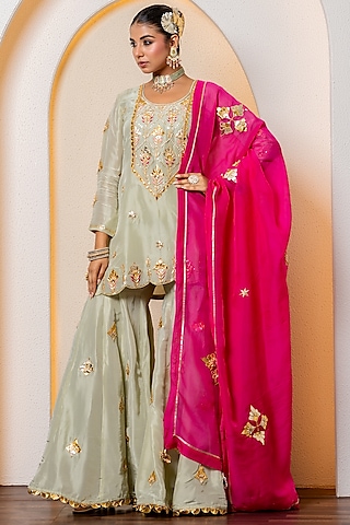 Pista Green Pure Spun Silk Marori Embroidered Sharara Set by Yuvrani Jaipur