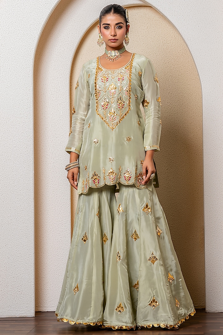 Pista Green Pure Spun Silk Marori Embroidered Party Wear Sharara Set by Yuvrani Jaipur at Pernia's Pop Up Shop