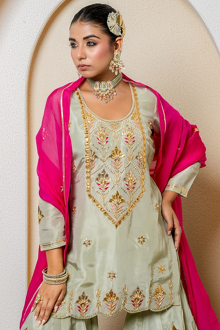 Pista Green Pure Spun Silk Marori Embroidered Party Wear Sharara Set by Yuvrani Jaipur at Pernia's Pop Up Shop