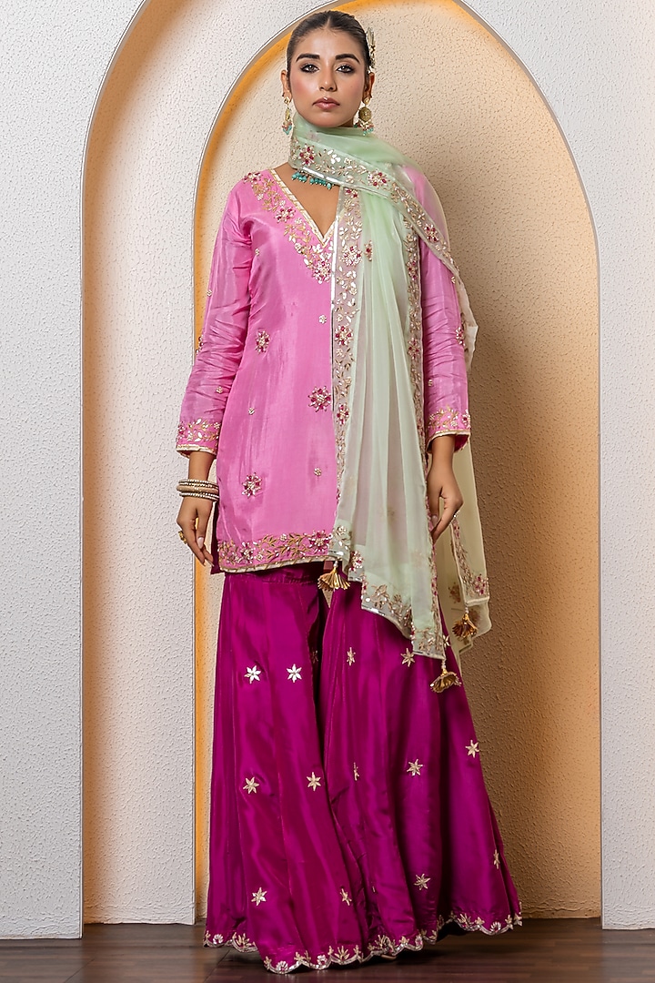 Wine Pure Spun Silk Boota Embroidered Wedding Sharara Set by Yuvrani Jaipur at Pernia's Pop Up Shop