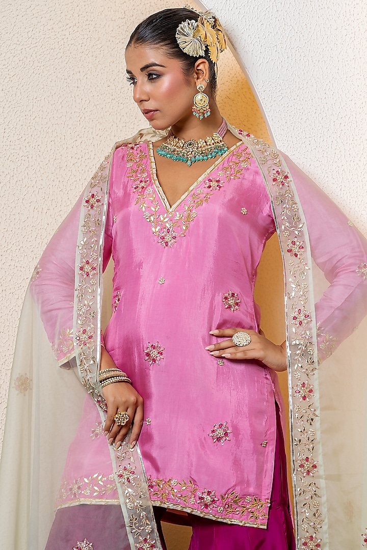 Wine Pure Spun Silk Boota Embroidered Wedding Sharara Set by Yuvrani Jaipur at Pernia's Pop Up Shop