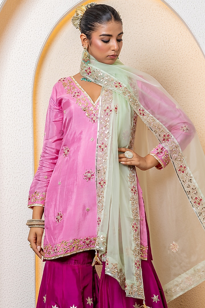 Wine Pure Spun Silk Boota Embroidered Wedding Sharara Set by Yuvrani Jaipur at Pernia's Pop Up Shop