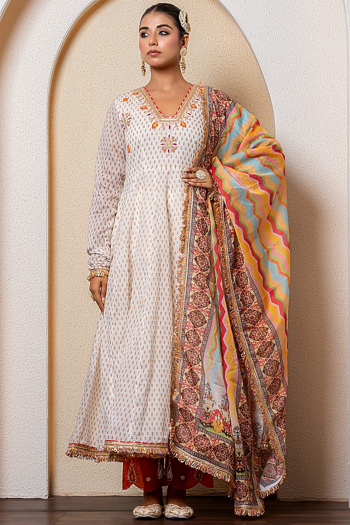 Ivory Chanderi Digital Printed & Marodi Embroidered Anarkali Set by Yuvrani Jaipur at Pernia's Pop Up Shop