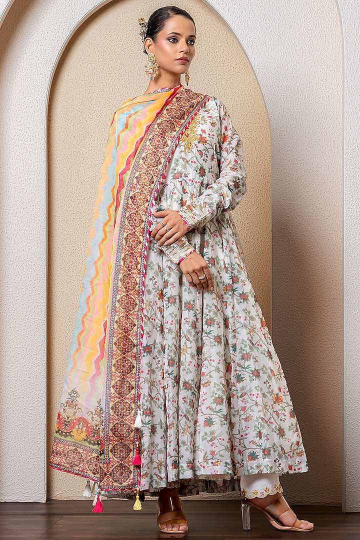 Ivory Chanderi Digital Printed & Gota Embroidered Anarkali Set by Yuvrani Jaipur