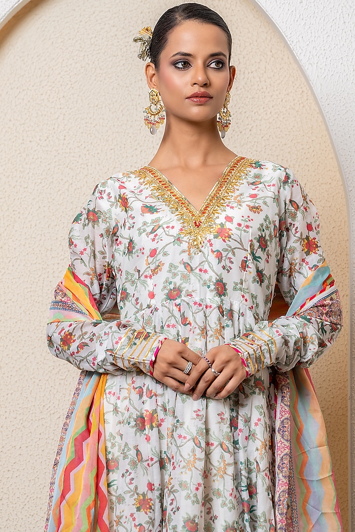 Ivory Chanderi Digital Printed & Gota Embroidered Party Wear Anarkali Set by Yuvrani Jaipur at Pernia's Pop Up Shop
