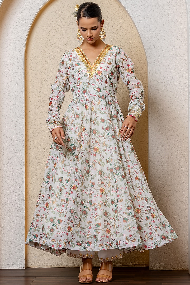 Ivory Chanderi Digital Printed & Gota Embroidered Party Wear Anarkali Set by Yuvrani Jaipur at Pernia's Pop Up Shop