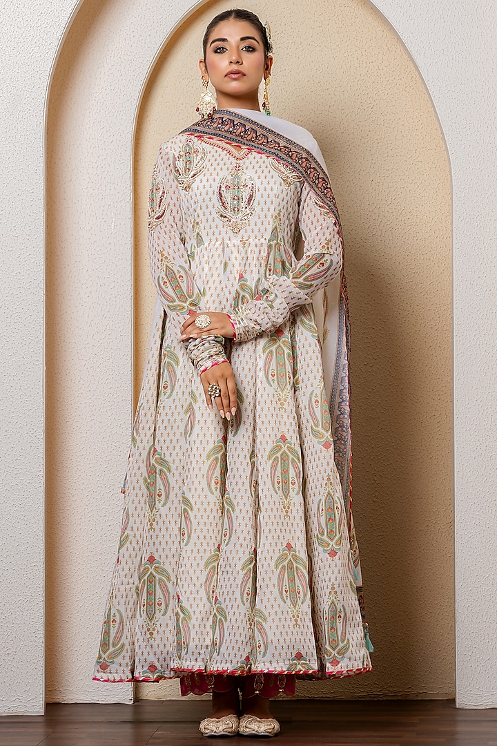 Ivory Chanderi Digital Printed & Beads Embroidered Anarkali Set by Yuvrani Jaipur