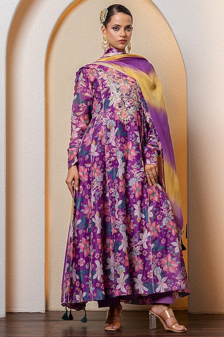 Purple Chanderi Digital Floral Printed Anarkali Set by Yuvrani Jaipur