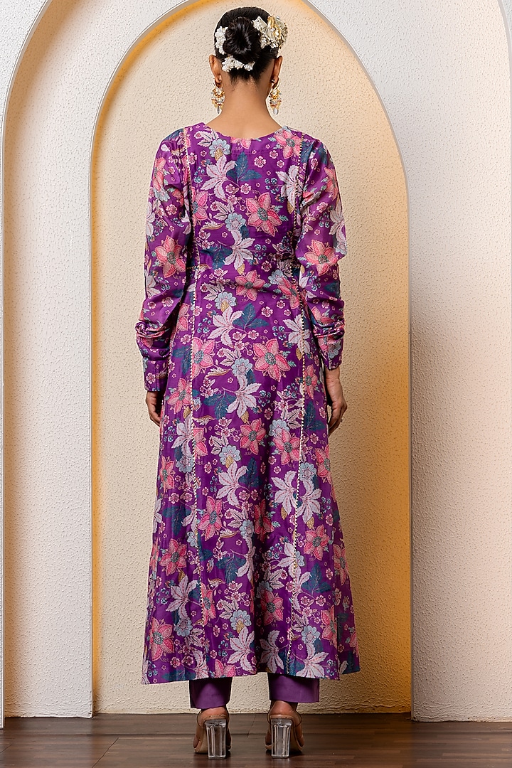 Purple Chanderi Digital Floral Printed Party Wear Anarkali Set by Yuvrani Jaipur at Pernia's Pop Up Shop