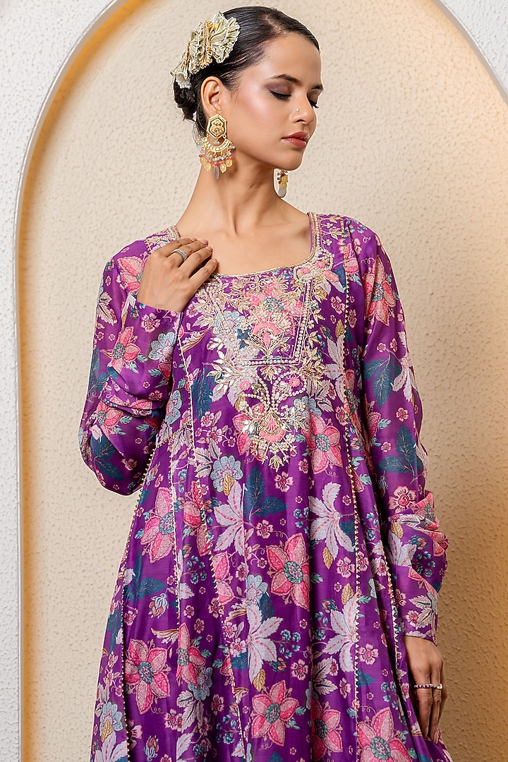 Purple Chanderi Digital Floral Printed Party Wear Anarkali Set by Yuvrani Jaipur at Pernia's Pop Up Shop