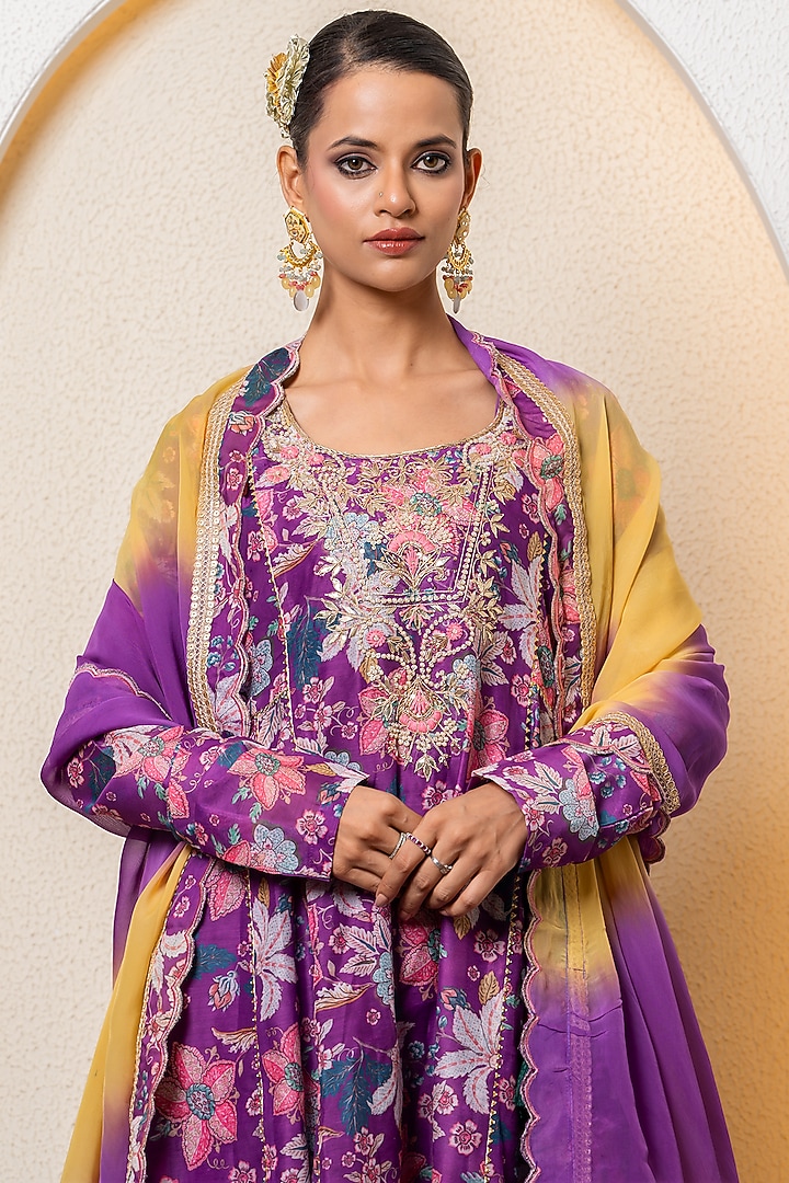 Purple Chanderi Digital Floral Printed Party Wear Anarkali Set by Yuvrani Jaipur at Pernia's Pop Up Shop
