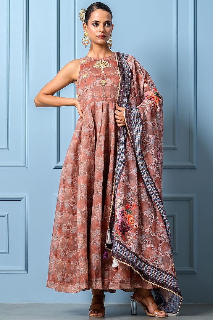 Chocolate Brown Chanderi Digital Floral Printed Anarkali Set by Yuvrani Jaipur at Pernia's Pop Up Shop