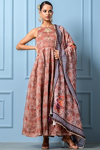 Chocolate Brown Chanderi Digital Floral Printed Anarkali Set by Yuvrani Jaipur