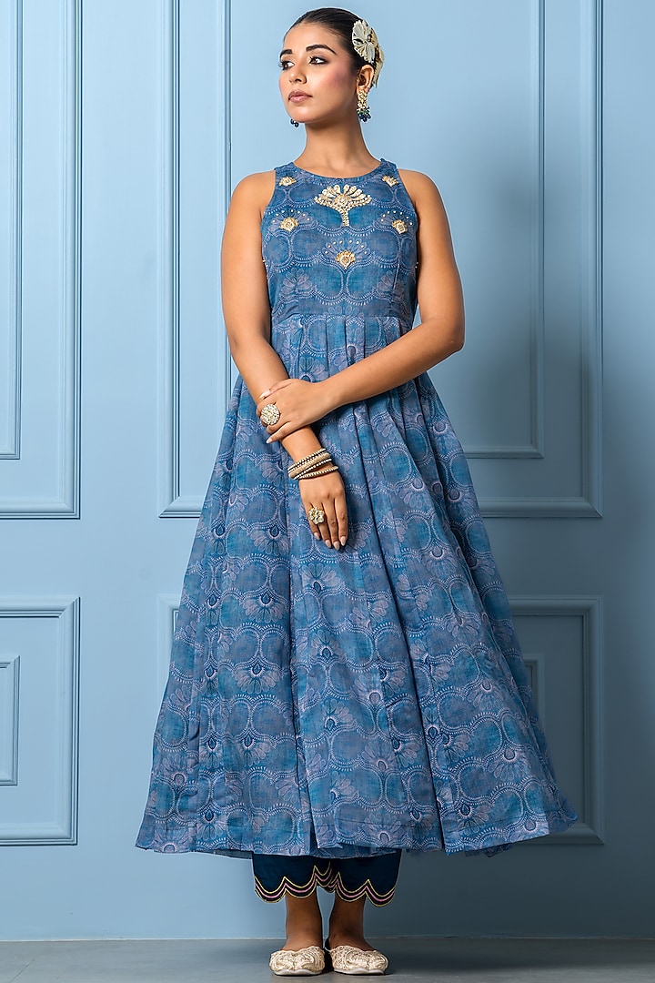 Navy Blue Chanderi Digital Floral Printed Anarkali Set by Yuvrani Jaipur at Pernia's Pop Up Shop