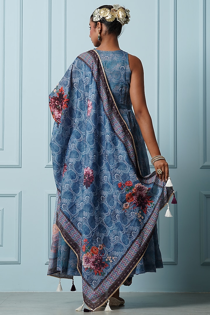Navy Blue Chanderi Digital Floral Printed Anarkali Set by Yuvrani Jaipur at Pernia's Pop Up Shop