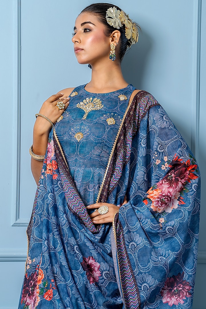 Navy Blue Chanderi Digital Floral Printed Anarkali Set by Yuvrani Jaipur at Pernia's Pop Up Shop